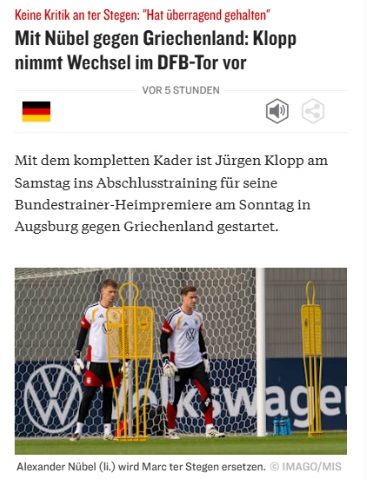 kicker, 16:52: Klopp memastikan Nübel sebagai kiper melawan Yunani.